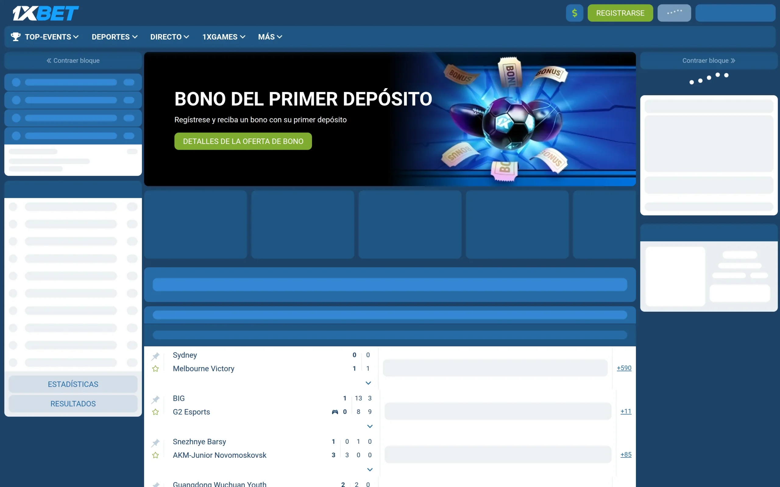 Pantalla principal de 1xbet