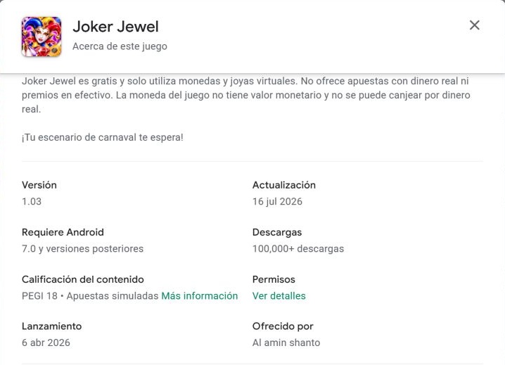 Ficha de Joker Jewel en Google Play con el desarrollador Al amin shanto y la aclaración sobre premios virtuales