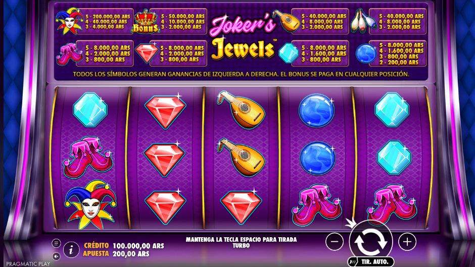 Demo oficial de Joker’s Jewels con cinco carretes, tres filas y controles de apuesta en ARS
