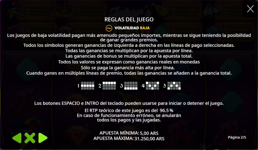 Reglas oficiales de Joker’s Jewels con cinco líneas, RTP del 96,5 por ciento y volatilidad baja