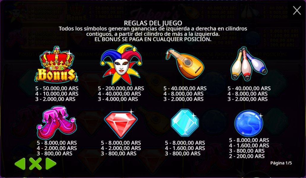 Tabla de pagos oficial de Joker’s Jewels con los premios del joker, las gemas y la corona Bonus